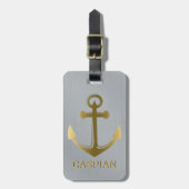 Metallic Silver Gold Nautical Anchor Name Travel Bagagelabel (Voorkant verticaal)