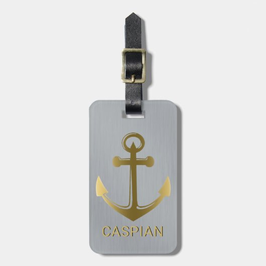 Metallic Silver Gold Nautical Anchor Name Travel Bagagelabel (Voorkant verticaal)