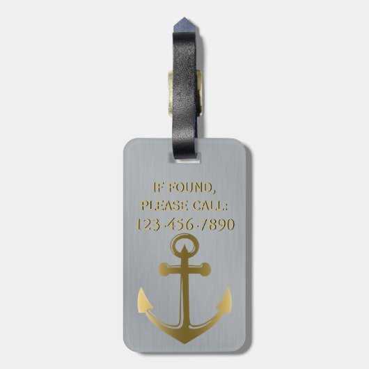 Metallic Silver Gold Nautical Anchor Name Travel Bagagelabel (Achterkant verticaal)
