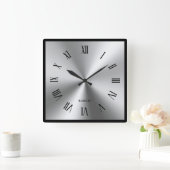 Metallic Silver Gray Black Border Roman Numerals Vierkante Klok (Huis)