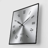 Metallic Silver Gray Black Border Roman Numerals Vierkante Klok (Hoek)
