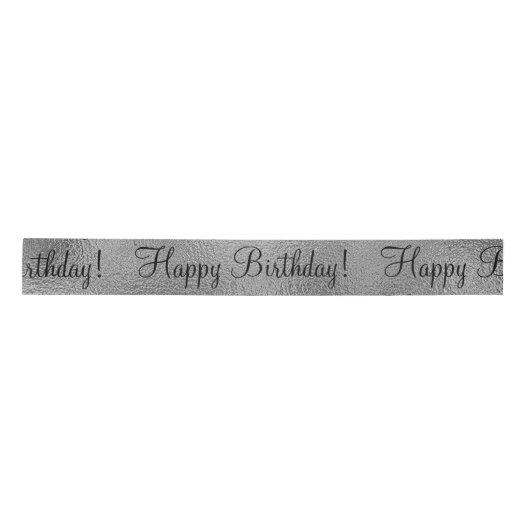 Metallic Silver Happy Birthday Script Modern Satin Satijnen Lint (Voorkant)