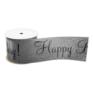 Metallic Silver Happy Birthday Script Modern Satin Satijnen Lint