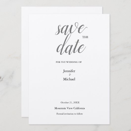 Metallic Silver Minimalist klassieke rendy Save The Date (Voorkant / Achterkant)