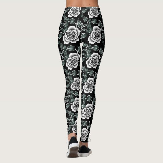 Metallic Silver Roses With Dark Green Leaves Leggings (Achterkant)