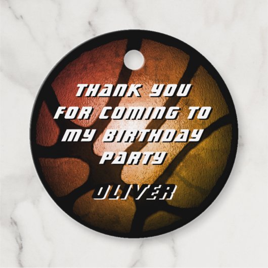 Metallic Sinaasappel basketbal Dank u Verjaardag Bedankjes Labels (Voorkant)