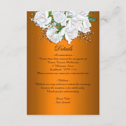 Metallic Sinaasappel en witte rozen bruiloft detai Informatiekaartje (Voorkant)