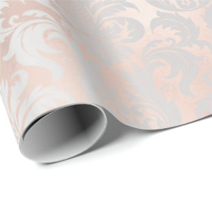 Metallic Skinny Roos Gold Blush Grey Silver Damask Cadeaupapier