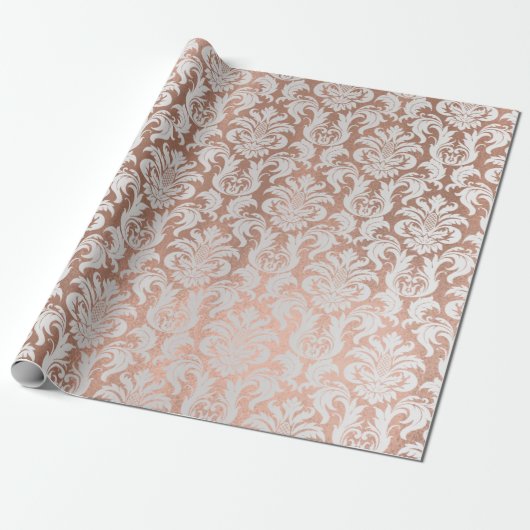 Metallic Skinny Roos Gold Coppe Grey Silver Damask Cadeaupapier (Uitgerold)