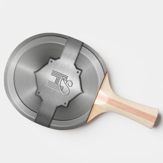 Metallic staal gegraveerd trompe l’oeil monogram tafeltennisbatje (Zijkant)