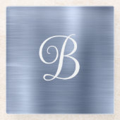 Metallic stoffig blauw krullend monogram glazen onderzetter (Voorkant)