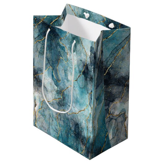 Metallic Swirls Gift Bag Blues & Gold Medium Cadeauzakje (Voorkant Gekanteld)