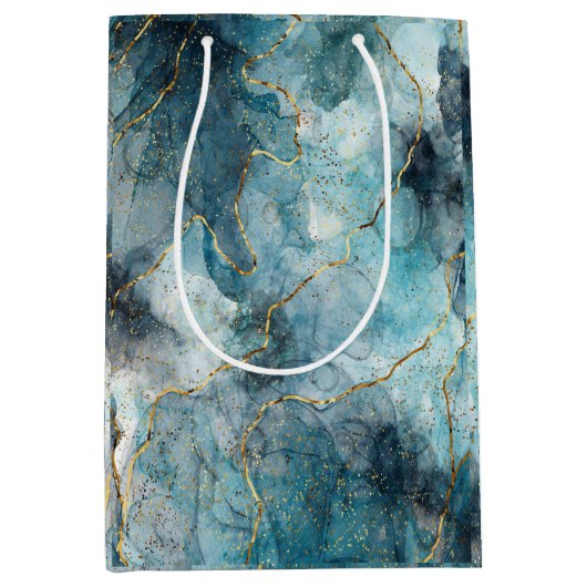 Metallic Swirls Gift Bag Blues & Gold Medium Cadeauzakje (Voorkant)