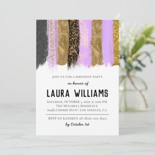 Metallic tape Gold & Lavender Birthday Uitnodiging (Staand voorkant)