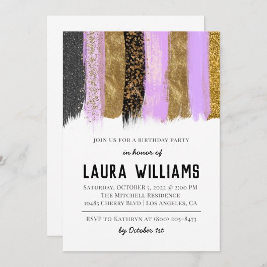 Metallic tape Gold & Lavender Birthday Uitnodiging (Voorkant / Achterkant)