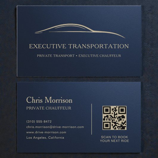 Metallic Transport Car QR Code Navy Blue & Gold Visitekaartje