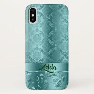 Metallic Turquoise-Blue Floral Damasmonogram Case-Mate iPhone Case