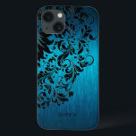 Metallic turquoise geborsteld aluminium zwarte zij Case-Mate iPhone case<br><div class="desc">Elegant blauw-groene turquoise metallic achtergrond geborsteld aluminium ziet er zwarte florale kant uit.  monogram. Verscheidene versie op dit ontwerp met verschillende rolpositie.</div>