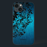 Metallic turquoise geborsteld aluminium zwarte zij Case-Mate iPhone case<br><div class="desc">Elegant blauw-groene turquoise metallic achtergrond geborsteld aluminium ziet er zwarte florale kant uit.  monogram. Verscheidene versie op dit ontwerp met verschillende rolpositie.</div>