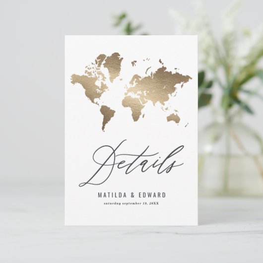 Metallic wereldkaart trouwkaart RSVP kaartje (Staand voorkant)