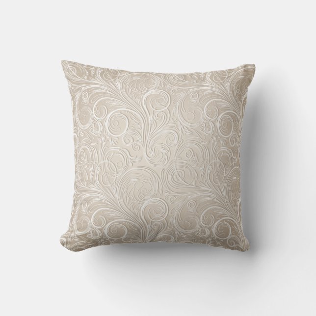 Metallic White Cream Floral Swirls Kussen (Voorkant)