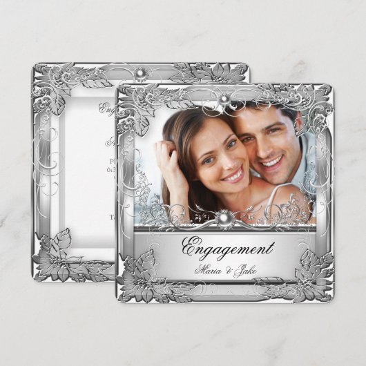 Metallic White Silver Photo van Engagement Party Kaart (Voorkant / Achterkant)