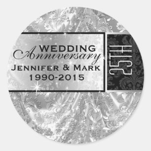 Metallic zilver 25e bruiloft Jubileum Ornament Ronde Sticker