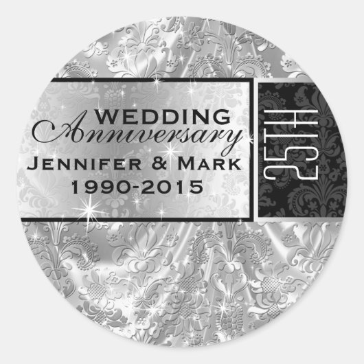 Metallic zilver 25e bruiloft Jubileum Ornament Ronde Sticker (Voorkant)