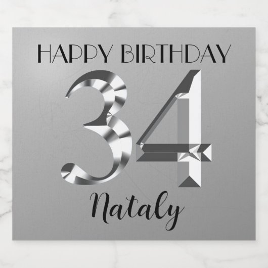 Metallic zilver 34th jarig sparkling wijnetiket (Enkel label)