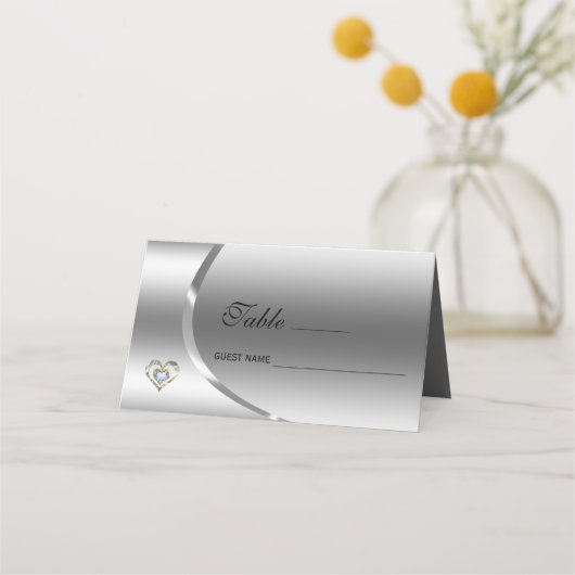 Metallic zilver achtergrond met diamanten hart plaatskaartje (Voorkant)