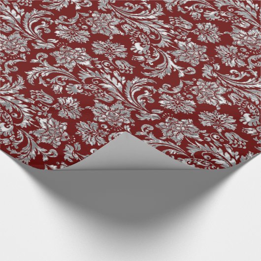 Metallic zilver & donkerrood  damast cadeaupapier (Hoek)