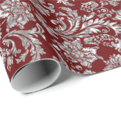 Metallic zilver & donkerrood  damast cadeaupapier (Rol Hoek)