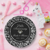 Metallic zilver en Black Damask 25th Jubileum Papieren Bordje (Feest)