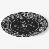 Metallic zilver en Black Damask 25th Jubileum Papieren Bordje (Gekanteld)