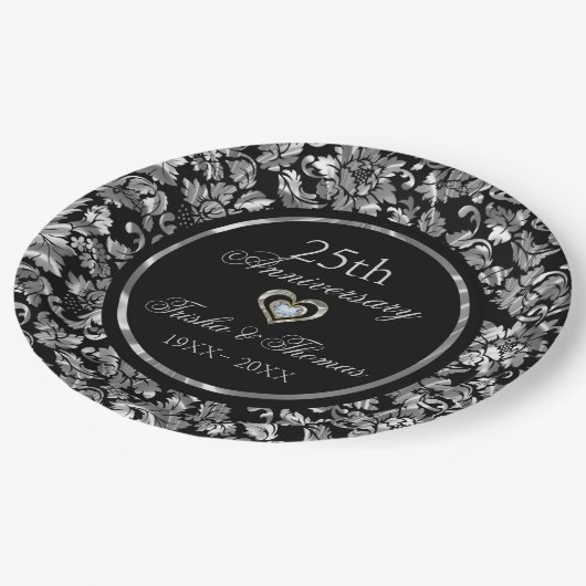 Metallic zilver en Black Damask 25th Jubileum Papieren Bordje (Gekanteld)