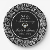 Metallic zilver en Black Damask 25th Jubileum Papieren Bordje (Voorkant)
