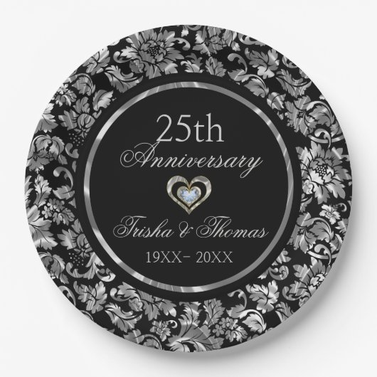 Metallic zilver en Black Damask 25th Jubileum Papieren Bordje (Voorkant)