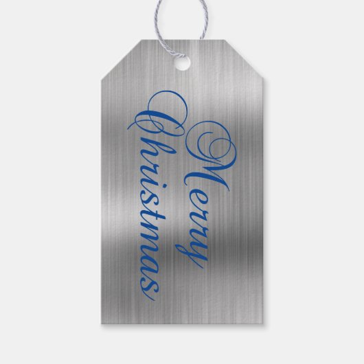 Metallic zilver en blauw Vrolijk kerstfeest Cadeaulabel (Voorkant)