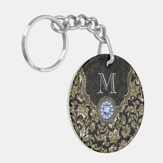 Metallic zilver en goud bloemdamast sleutelhanger (Voorkant Links)