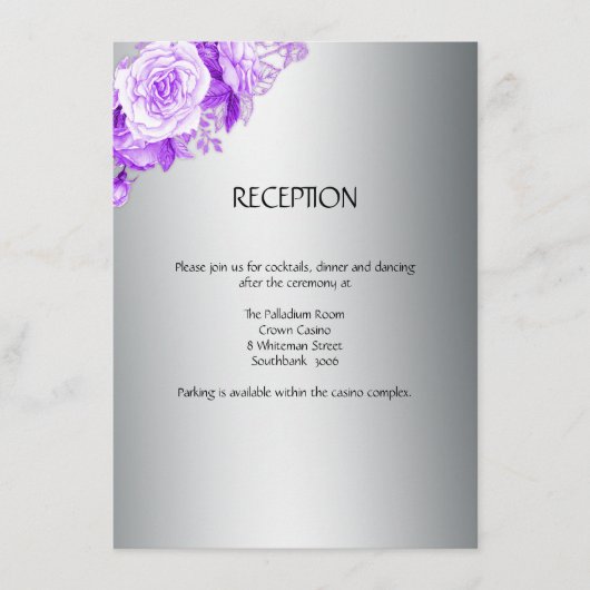 Metallic zilver en Paarse rozenboeket bruiloft Informatiekaartje (Voorkant)