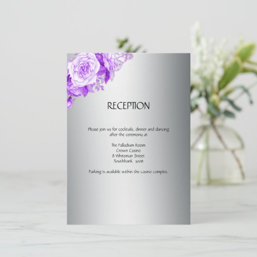 Metallic zilver en Paarse rozenboeket bruiloft Informatiekaartje (Staand voorkant)