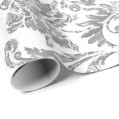 Metallic zilver en witte  Damaskers Cadeaupapier (Rol Hoek)