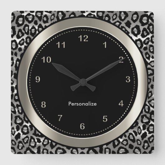 Metallic zilver en zwarte luipaard afdrukken vierkante klok (Voorkant)