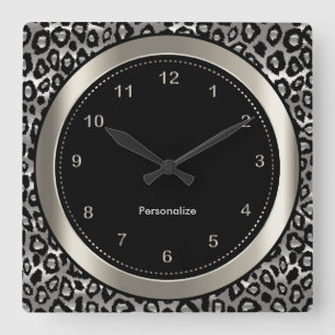 Metallic zilver en zwarte luipaard afdrukken vierkante klok