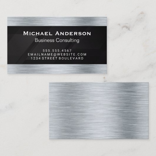 Metallic zilver geborsteld | Zwarte streeplijn Visitekaartje (Voorkant / Achterkant)