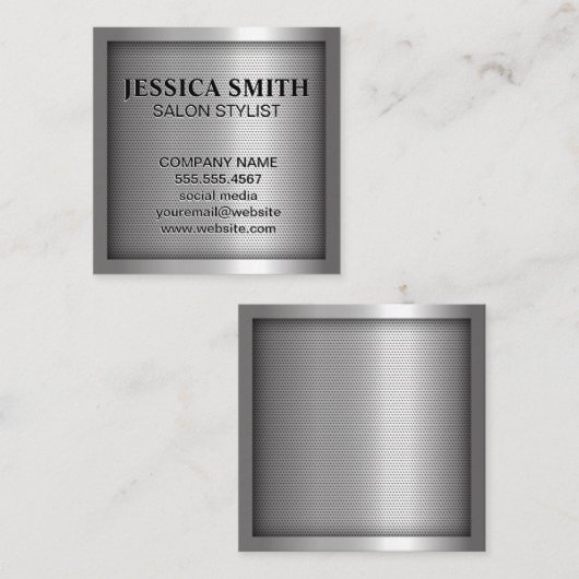Metallic zilver glanzend grillpatroon vierkante visitekaartje (Voorkant / Achterkant)