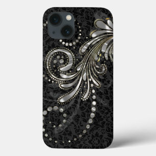 Metallic zilver gray Floral zwenker op zwarte damp iPhone 13 Hoesje