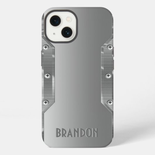 Metallic zilver grijs geborsteld metaal monogram iPhone hoesje (Achterkant)