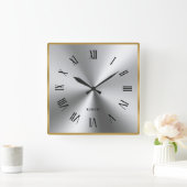 Metallic zilver grijs gouden rand Romeinse cijfers Vierkante Klok (Huis)