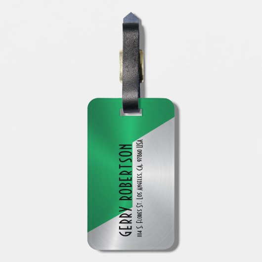 Metallic zilver & groen roestvrij staal look bagagelabel (Achterkant verticaal)
